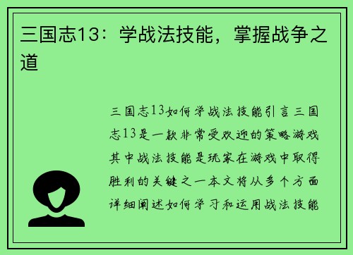 三国志13：学战法技能，掌握战争之道
